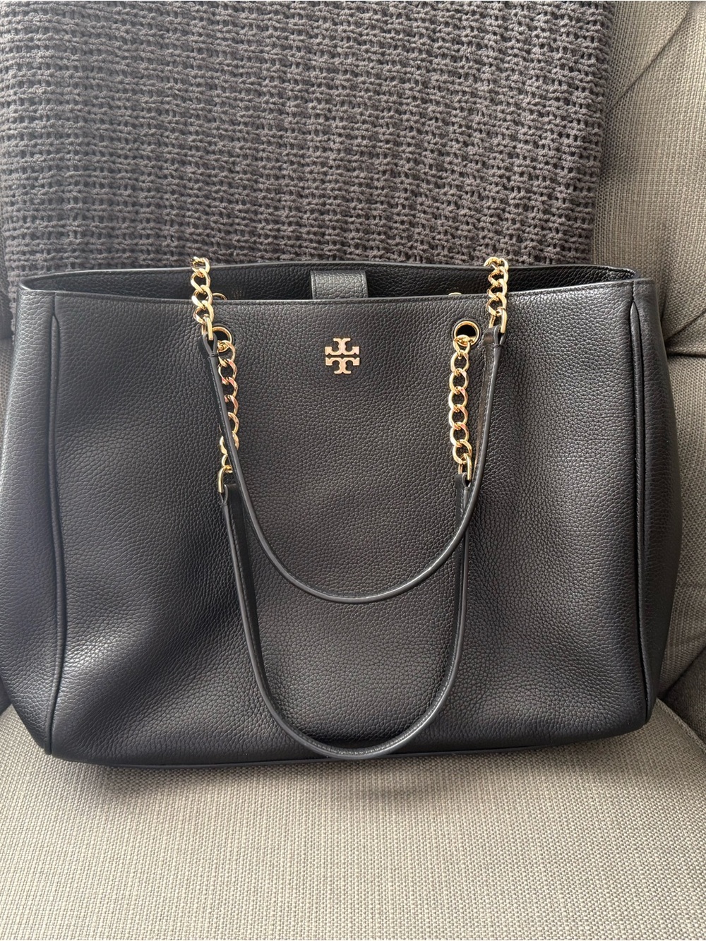 Tory Burch Black Pebbled Leather Tote with Gold Chain Handles